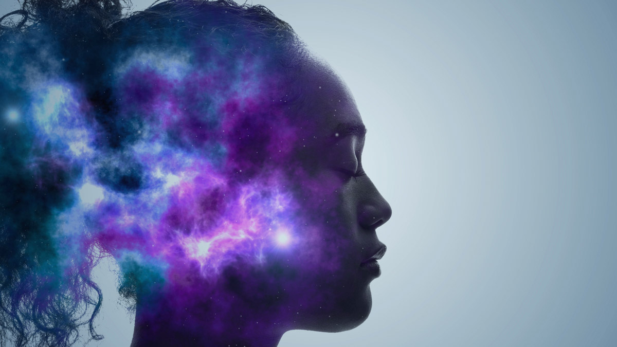 An illustration depicting a woman with a psychedelic visualization shown in her head.
