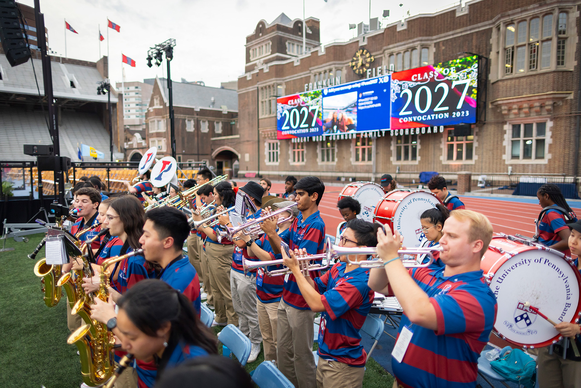 Members of the Penn Band perform on Franklin Field during Penn's 2023 Convocation ceremony. Photo by Eric Sucar.