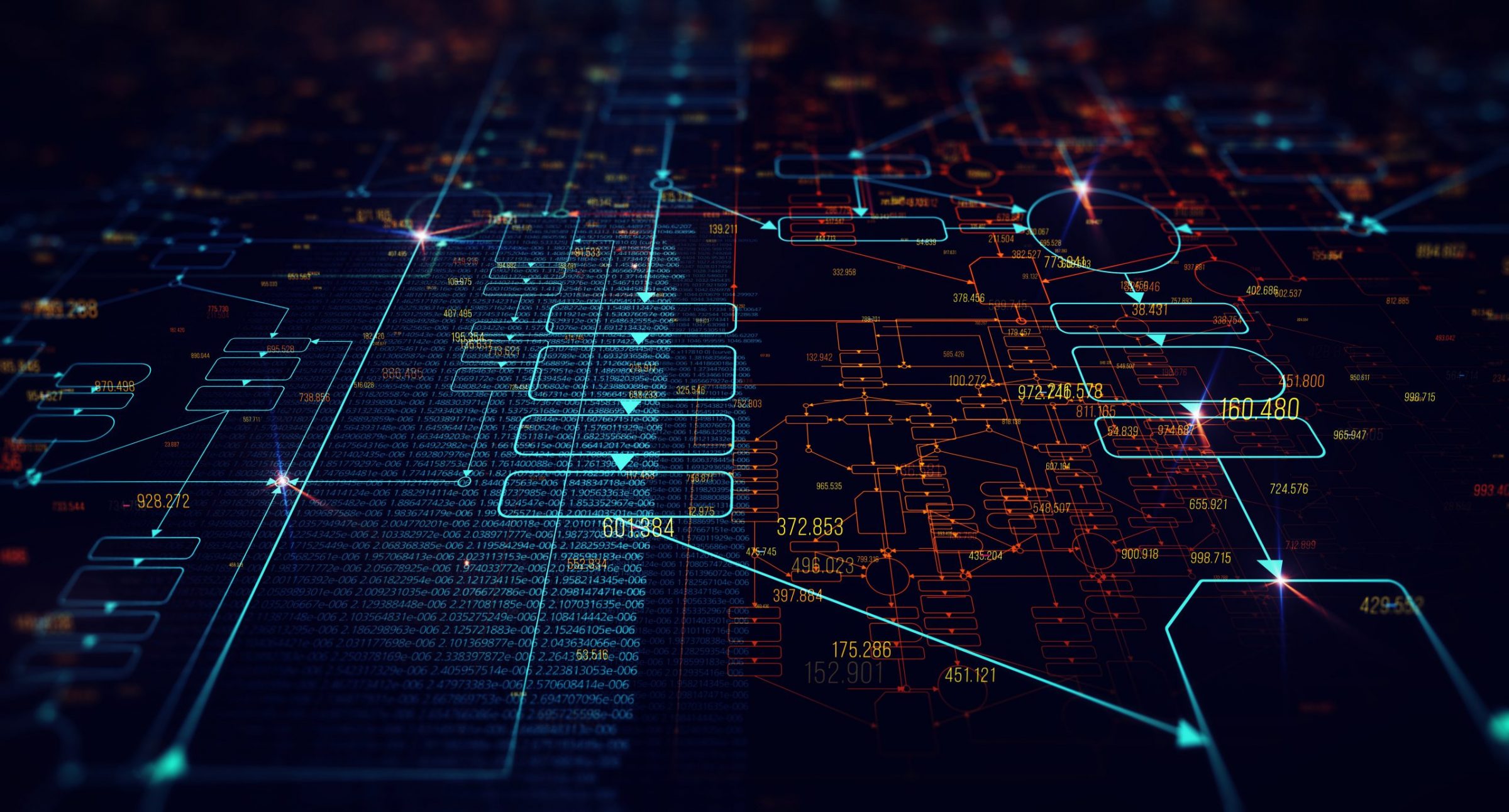 A futuristic digital illustration of a complex data network, used as a visualization of Penn's work in data science and AI.