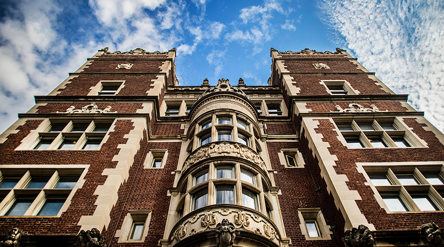 A view looking upwards at the Quad at the University of Pennsylvania.