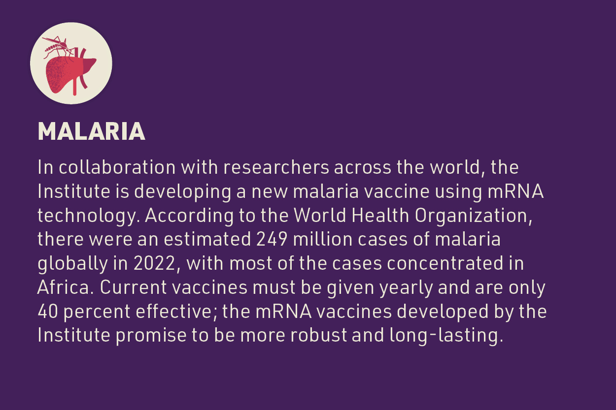 An informational graphic on a deep purple background highlighting efforts to develop a new malaria vaccine using mRNA technology. It features an icon of a mosquito on a heart-like shape, and text stating collaboration with global researchers. The card notes that in 2022 there were approximately 249 million malaria cases worldwide, mainly in Africa. It mentions that existing vaccines are only about 40% effective and are given yearly, while the new mRNA vaccines promise greater efficacy and longevity.