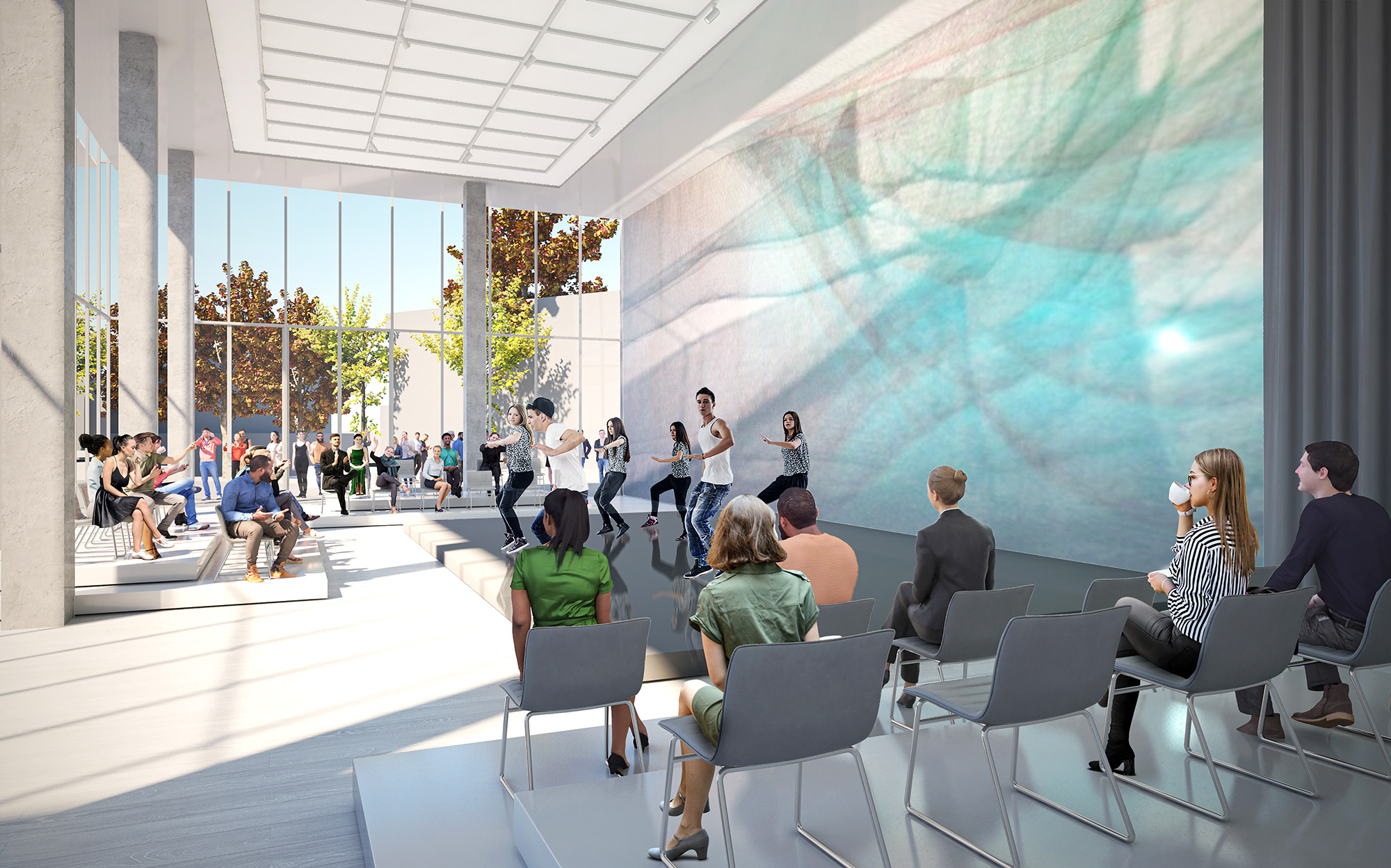 An interior architectural rendering of the Stuart Weitzman Theatre at the Annenberg Center for the Performing Arts.