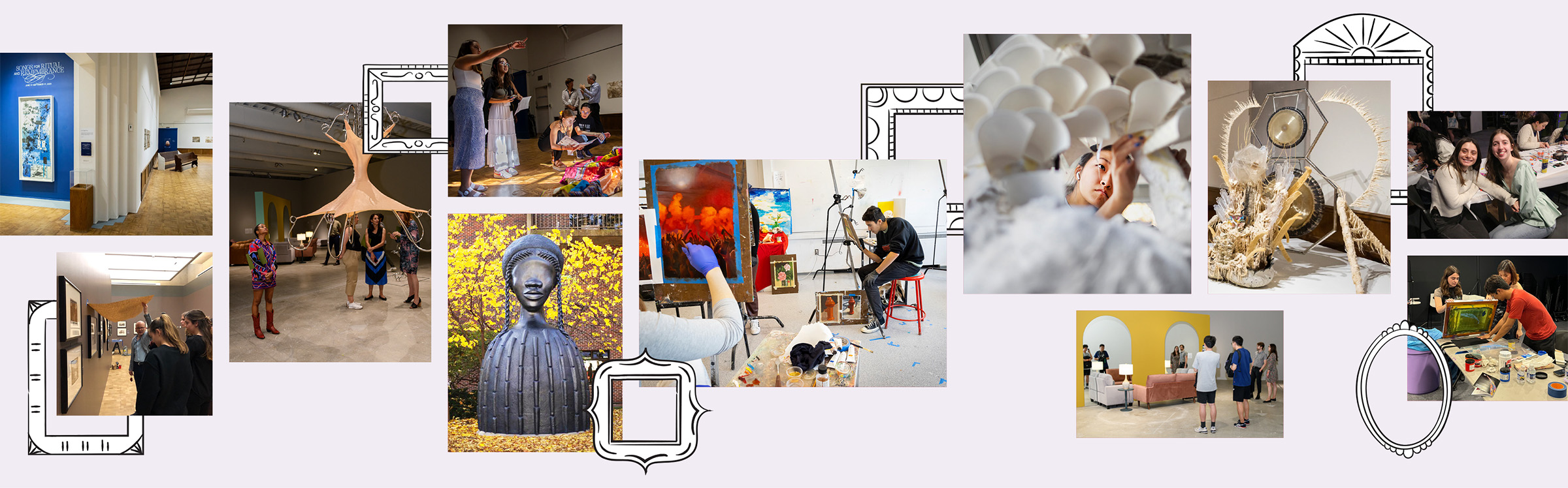 A mosaic photo gallery showing art across campus and students creating their own.