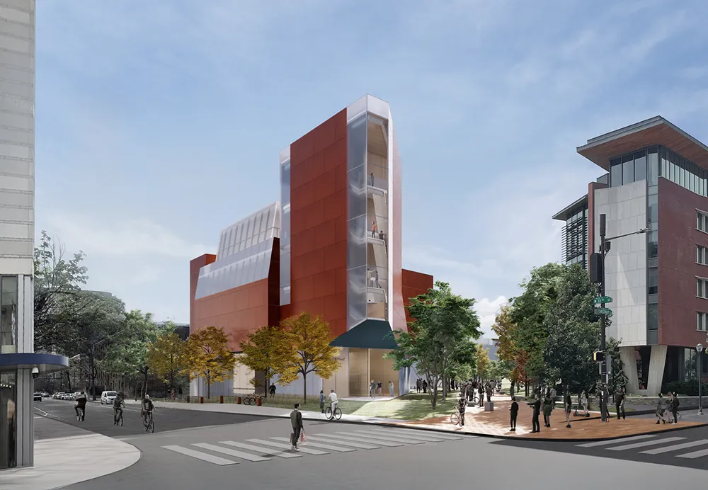An architectural rendering shows a modern red-and-glass building designed as Penn’s new Student Performing Arts Center.