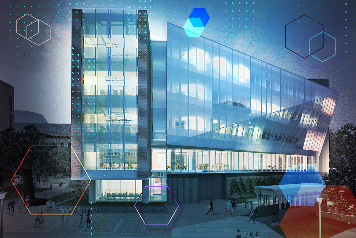 A stylized image of the Wharton Academic Research Building at the University of Pennsylvania.