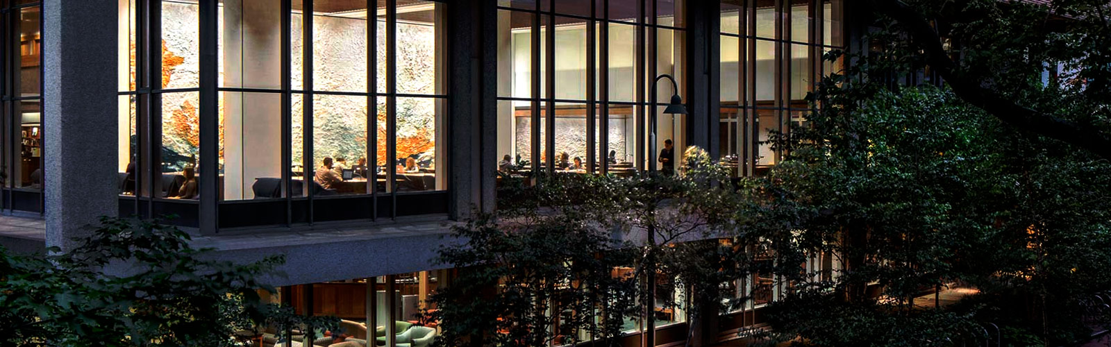 A nighttime view of Van Pelt-Dietrich Library Center at the University of Pennsylvania.