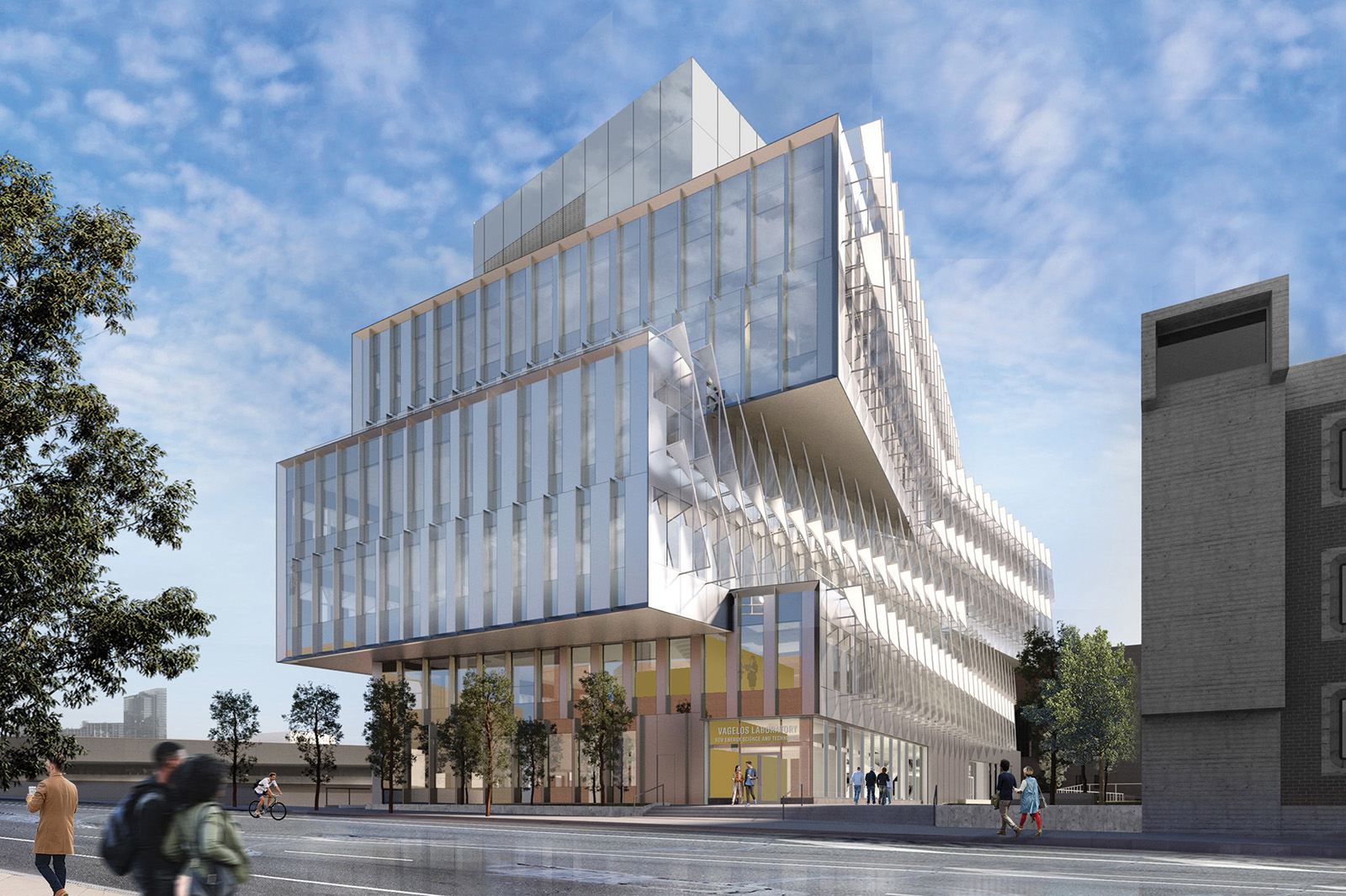 Futuristic urban building with multiple overhanging glass facades, creating a dynamic exterior. The base of the building features wide glass doors and robust support structures. The scene includes pedestrians and cyclists moving along the street, set against a backdrop of green trees and a clear blue sky.