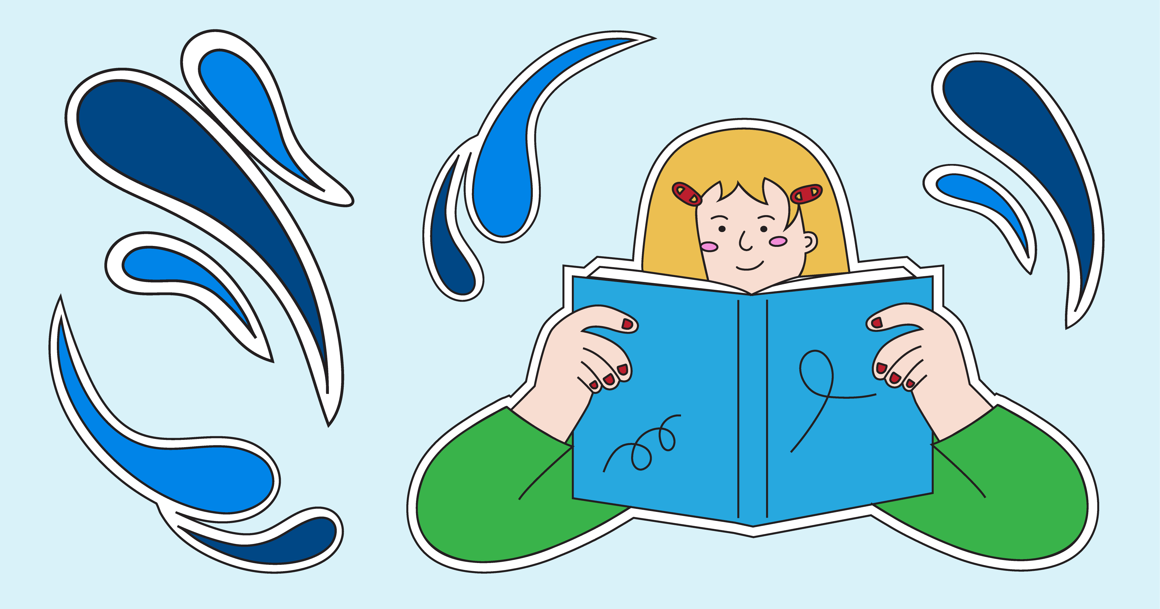 Illustration of a young girl with blonde hair and pink hair clips, engrossed in reading a large blue book. She is depicted in a stylized manner with abstract blue and white swirls floating around her, symbolizing imagination or creativity. The background is a light blue, enhancing the serene and studious theme of the image.