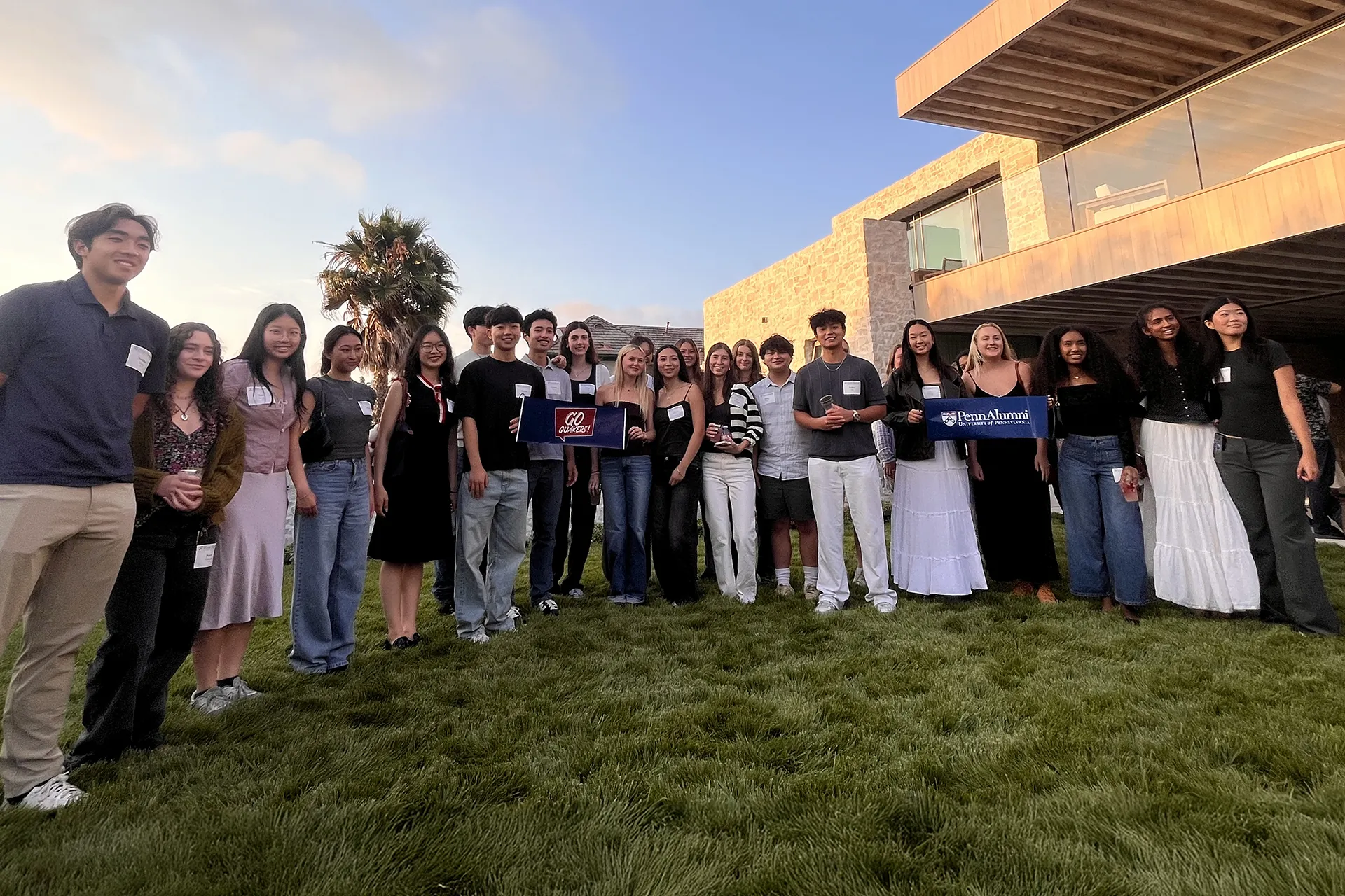 Incoming Penn students pose for a group photo together during a welcome reception in Los Angeles.