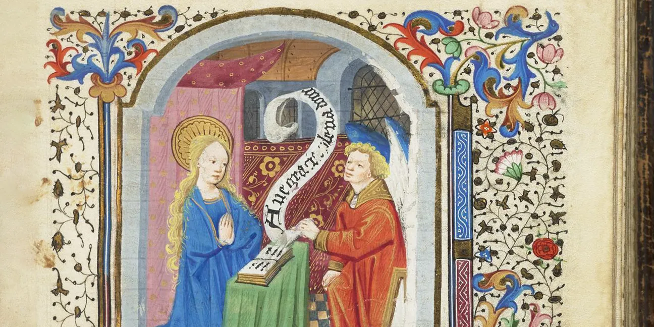 A richly illuminated manuscript page features a medieval illustration bordered by ornate floral designs.