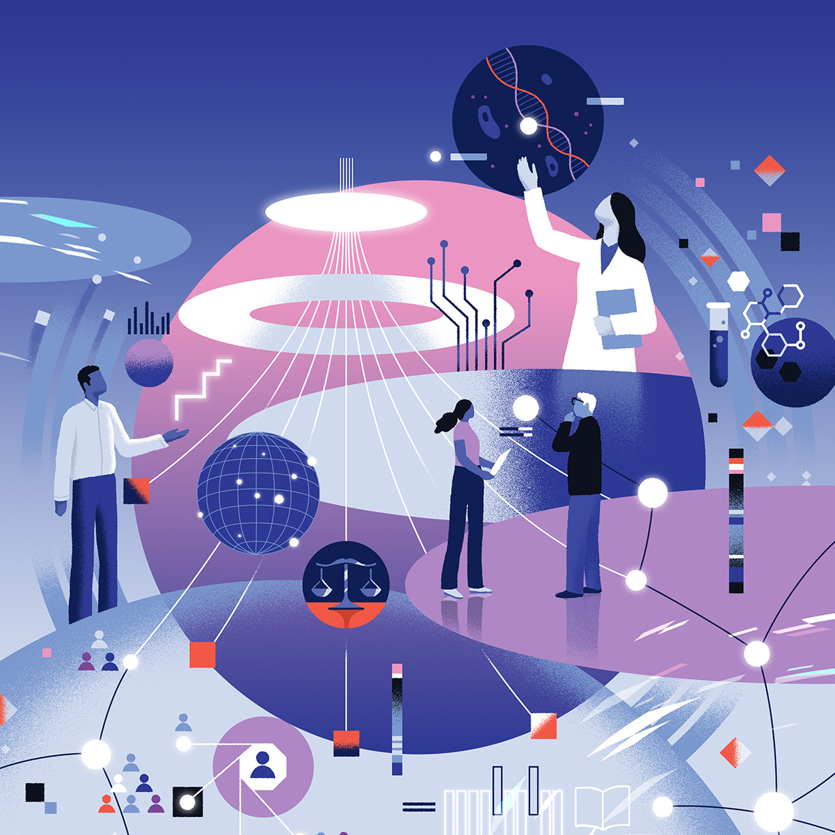 A stylized illustration representing artificial intelligence research at Penn, featuring diverse individuals engaging in scientific exploration, with elements like circuits, molecules, and globes, symbolizing collaboration and innovation in science and technology.
